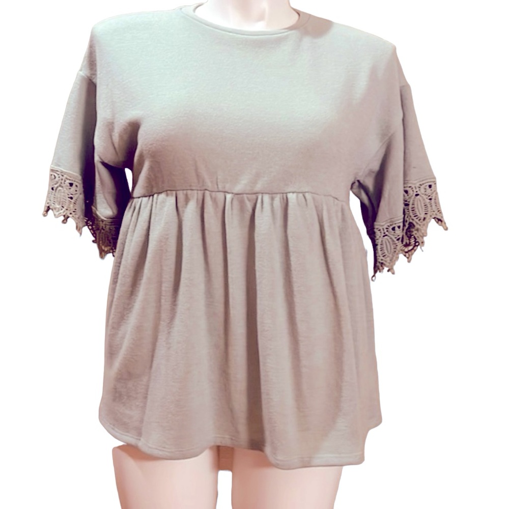 Boutique Beige Babydoll Short Sleeve Blouse with Crochet Sleeve CY Fashion